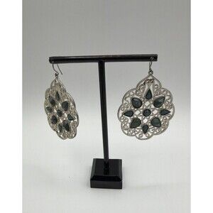 Large Silver Tone Filigree Teardrop Dangle Earrings Stone Boho Statement